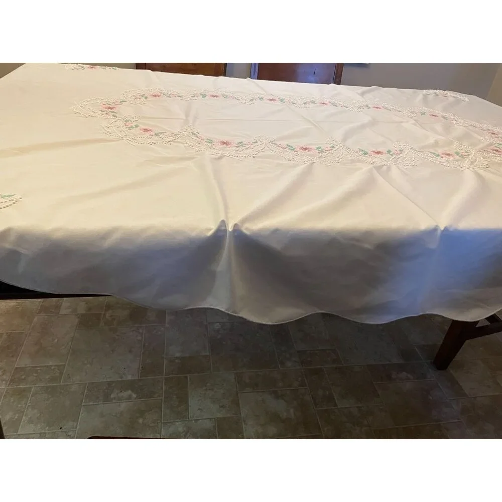 Vintage Cross Stitch Tablecloth Used Beige Mauve Green Pink